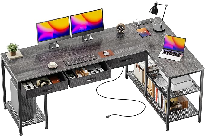 PRAISUN 63 Inch L Shaped Office Desk with Power Outlets and Type-C Port, Large Computer Gaming Desk with 3 Fabric Drawers, Mesh Shelves, Corner Study Work Writing Desk, Grey by PRAISUN