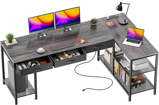 PRAISUN 63 Inch L Shaped Office Desk with Power Outlets and Type-C Port, Large Computer Gaming Desk with 3 Fabric Drawers, Mesh Shelves, Corner Study Work Writing Desk, Grey by PRAISUN