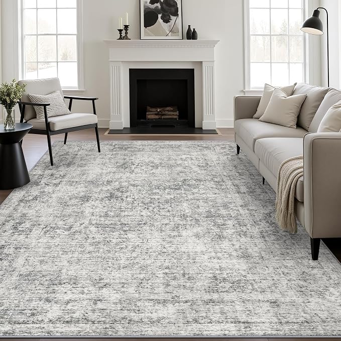 10x12 Area Rug Living Room Rug: Washable Modern Abstract Soft Thin Rug Indoor Floor No Slip Carpet for Bedroom Dining Room Farmhouse Nursery Home Office - Retro Black Grey by FXRHLP