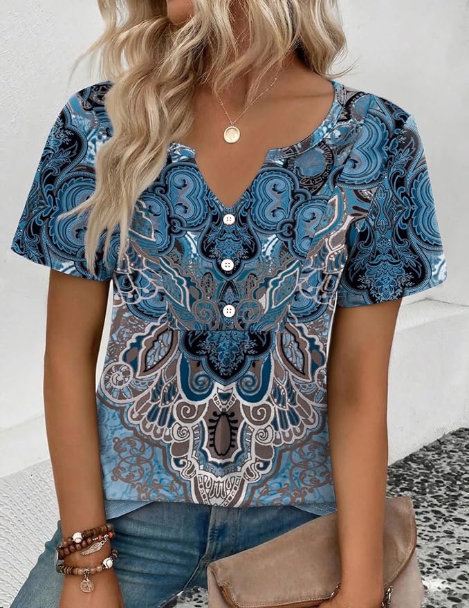 Zeagoo Womens Short Sleeve Tops Summer Henley V-Neck Tshirts Casual Pleated Blouse Dressy Loose Floral Basic Tee - Image 3