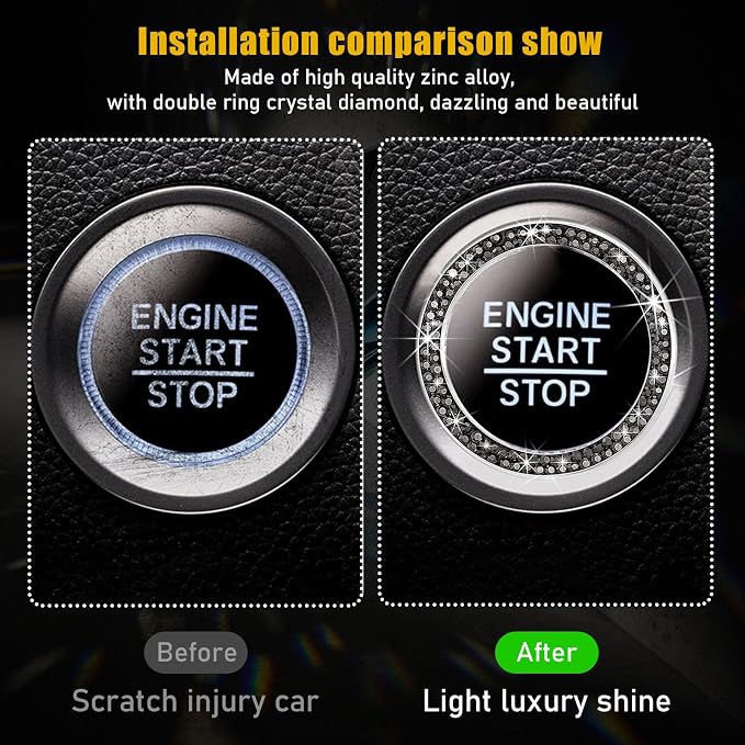 Kewucn Bling Crystal Double Rhinestone Car Engine Start Decoration Ring, Sparkling Push Start Button Sticker, Key Ignition & Knob Ring Decoration, Bling Car Interior Accessory (Bright Black) - Image 3