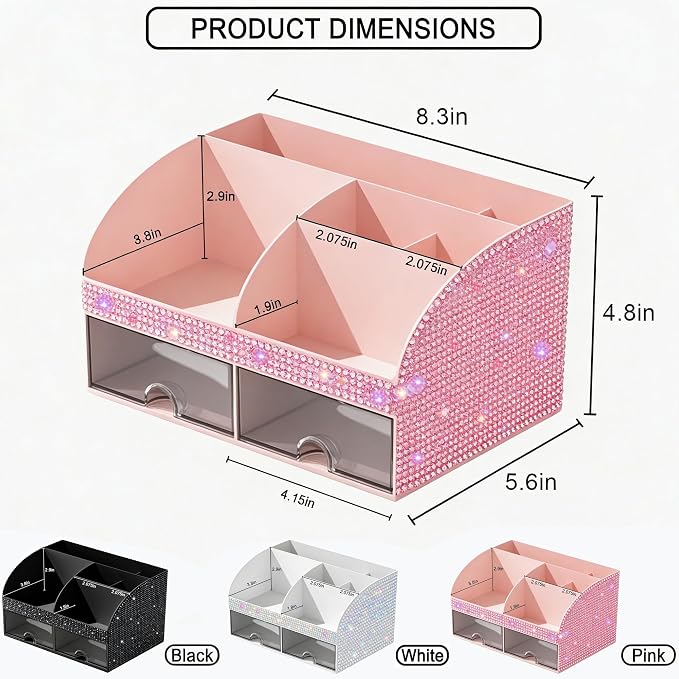 Bling Makeup Organizer with Drawers, Cosmetic Storage for Dresser Vanity and Bathroom Countertop, Beauty Holder for Lipstick Brush, Skincare Organizer for Vanity, Cosmetic Display Case Bling Pink - Image 3