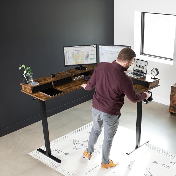 VIVO Vintage Brown 63 x 55 in Corner Standing Desk, DESK-E3CVN | Electric, 2-Tier, L-Shaped, Sit Stand, Height Adjustable, Memory, Rustic Vintage Brown Top, Black Frame, Black Drawers - Image 2