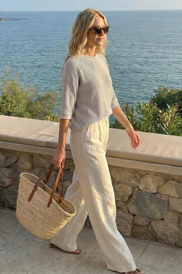 Arach&Cloz Womens Summer 100% Cotton Oversized Crochet Tops 3/4 Length Sleeve Sweater Hollow Out Casual Blouses 2026 - Image 5