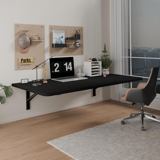 IAE 36x22in Floating Fold Desk,Wall-Mounted Folding Computer Table,Black | Study Table with Shelf Brackets,Foldable Down Shelf with Engineered Wood,Fold Computer Desk for Small Apartment,Holds 501 lb - Image 4