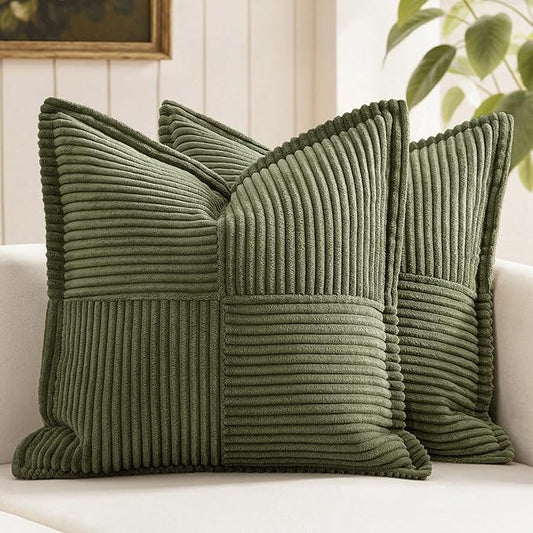 MIULEE Spring Decorative Throw Pillow Covers for Couch Bed Livingroom 20x20 Inch Set of 2 Olive Green Boho Accent Throw Pllows Broadside Striped Patchwork Soft Corduroy Summer Pillowcases by MIULEE