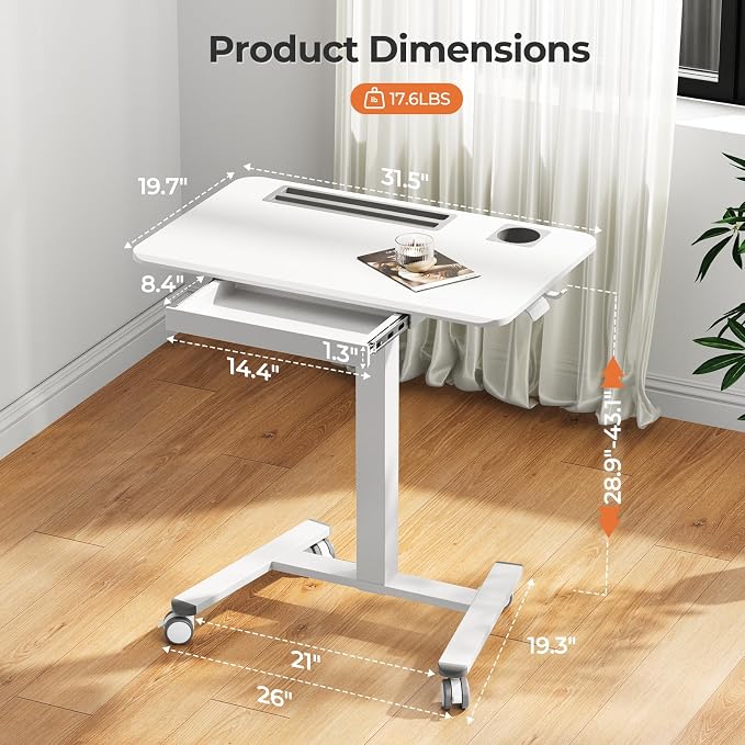 32" Mobile Desk with Drawer, Rolling Standing Desk on Wheels | Height Adjustable Desk with Cup Holder and Hooks, Portable Laptop Cart with Storage for Home Office, White - Image 9