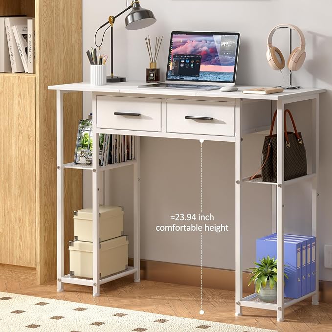 DAOUTIME White Computer Desk with Drawers, 37.3 Inch Home Office Work Desk with Storage Shelf, Kids Teens Study Table for Small Space, Small Writing PC Table for Bedroom Makeup Vanity Desk - Image 3