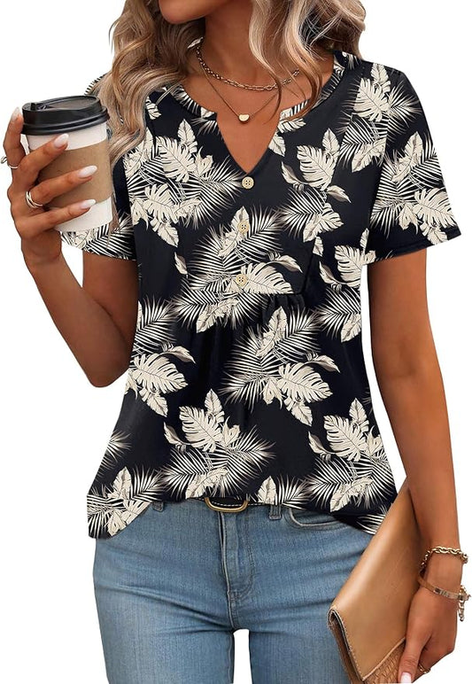 Zeagoo Womens Short Sleeve Tops Summer Henley V-Neck Tshirts Casual Pleated Blouse Dressy Loose Floral Basic Tee by Zeagoo