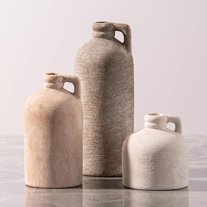 Ceramic Vase Home Table Decor - Flower Vase Set of 3 Living Room Kitchen Decorations Farmhouse Modern Rustic Vases Decorative Centerpiece for Shelf Bedroom Office Bathroom Dining Coffee Desk by VanseliaHome