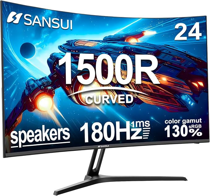 SANSUI 24 Inch Curved Gaming Monitor up to 180Hz MPRT 1ms with Built-in Speakers,FHD 1080P Computer Monitor Freesync 130% sRGB HDR,HDMI DP Ports VESA Mount Metal Stand(ES-G24C1 HDMI Cable Included) by SANSUI