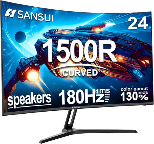 SANSUI 24 Inch Curved Gaming Monitor up to 180Hz MPRT 1ms with Built-in Speakers,FHD 1080P Computer Monitor Freesync 130% sRGB HDR,HDMI DP Ports VESA Mount Metal Stand(ES-G24C1 HDMI Cable Included) by SANSUI