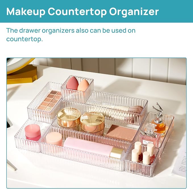 Vtopmart 7 PCS Clear Makeup Drawer Organizers Bins, 4-Size Stackable Makeup and Vanity Organizer Trays, Acrylic Bathroom Storage Containers for Cosmetic, Toiletries, Office Supply, Utensils, Gadgets - Image 5