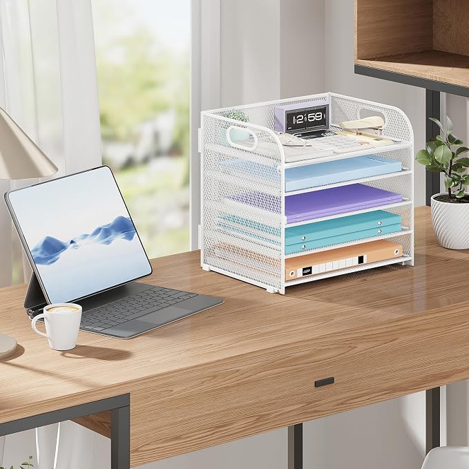 Cawukege 5 Tier Paper Organizer with Handle, White Metal Mesh Desk Organizer File Folder Paper Letter Tray Desktop Document Sorter for Classroom, School, Office Accessories Organization and Storage - Image 8
