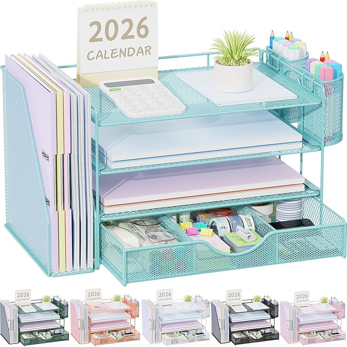 gianotter Desk Organizers and Accessories with File Holder, 4-Tier Desk Accessories & Workspace Organizers with Drawer and 2 Pen Holder, Paper Organizer for Office Supplies (Blue) by gianotter