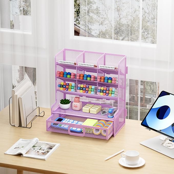 Marbrasse Larger Mesh Desk Organizer with Drawer, Multi-Functional Pen Pencil Holder, Easy Assembly, Desk Organizers and Accessories for Office Art Supplies (Purple) - Image 8