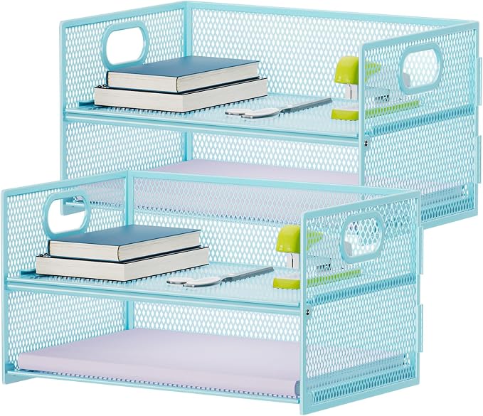 Marbrasse 2 Tier Paper Organizer Letter Tray, Mesh File Organizer with Handle, Paper Sorter Desk Organizer for Home Office Supplies - 2P Blue by Marbrasse