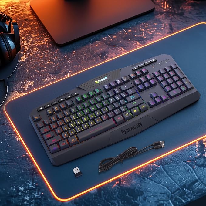 Redragon K503 Wireless Gaming Keyboard, 3-Mode (2.4G/BT/USB), RGB LED Backlit, Multimedia Keys, Fully Programmable Silent Membrane Keyboard with Wrist Rest for Windows PC Games (Black) - Image 8