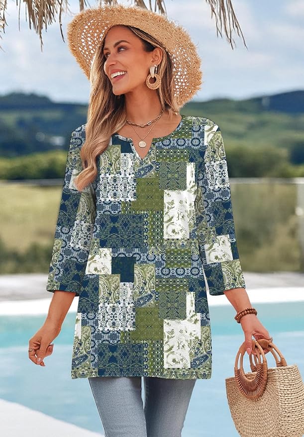 OFEEFAN Summer Boho Tops For Women 3/4 Length Sleeve Womens Tops Vacation Outfits - Image 3