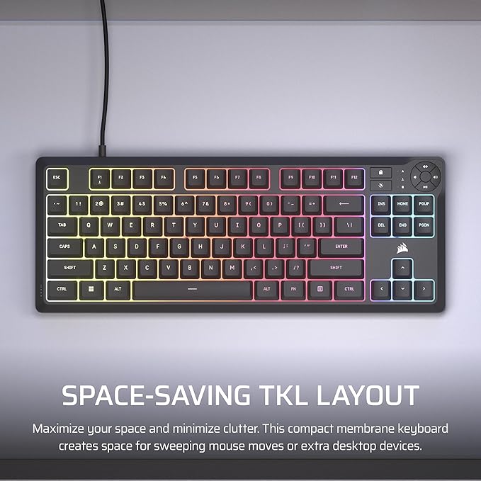 Corsair K55 CORE TKL RGB Gaming Keyboard – Tenkeyless, 8-Zone RGB, Quiet Membrane Keys, Spill Resistant, Media Keys, 1000Hz Polling – NA Layout – Black - Image 3