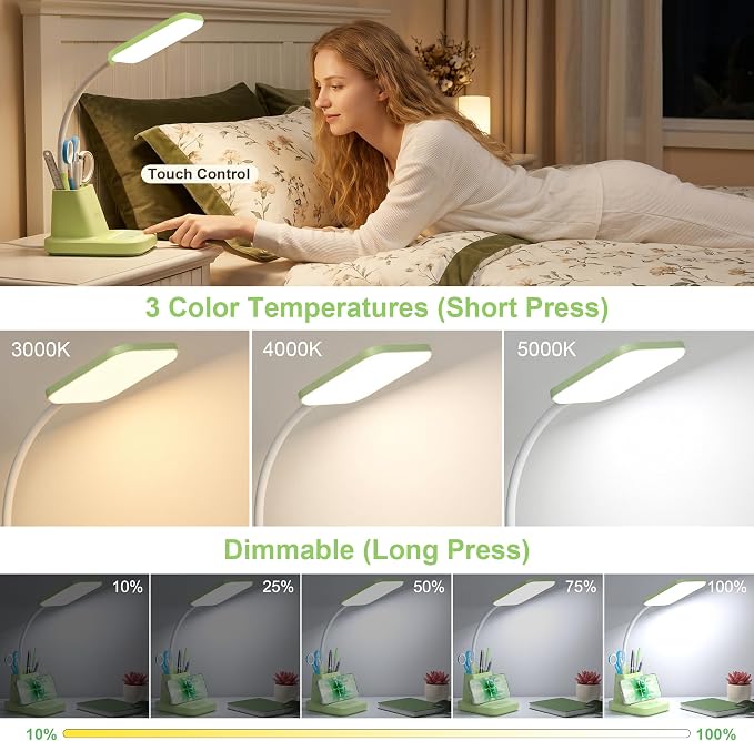 LED Desk Lamp with 10W Wireless Charging & Pen Holder, Light Green | CRI 95, 800LM, Stepless Dimming, 3 Modes, 360°Flexible Arm, Touch, Study Table Lamp for Home Office, Dorm Room, with Adapter - Image 3