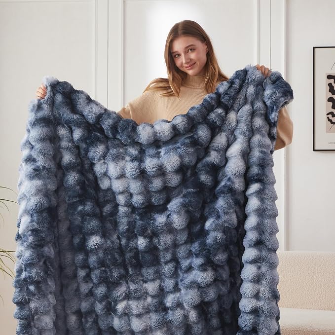 COOVA Faux Fur Throw Blanket for Couch, Cozy Soft and Fuzzy Plush Rabbit Fur Bubble Blanket for Sofa Bedroom Living Room, 60x80 Inches Tie Dye Light Blue - Image 4