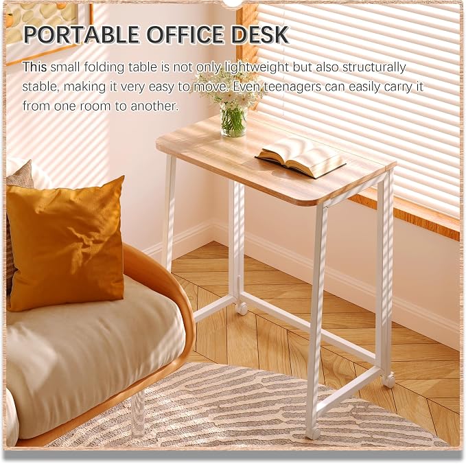 4NM 23.6" Mobile Small Folding Desk, Foldable Rolling Computer Home Office Desk, Study Writing Table for Small Space Saving Bedroom, with Wheels - Natural and White - Image 4