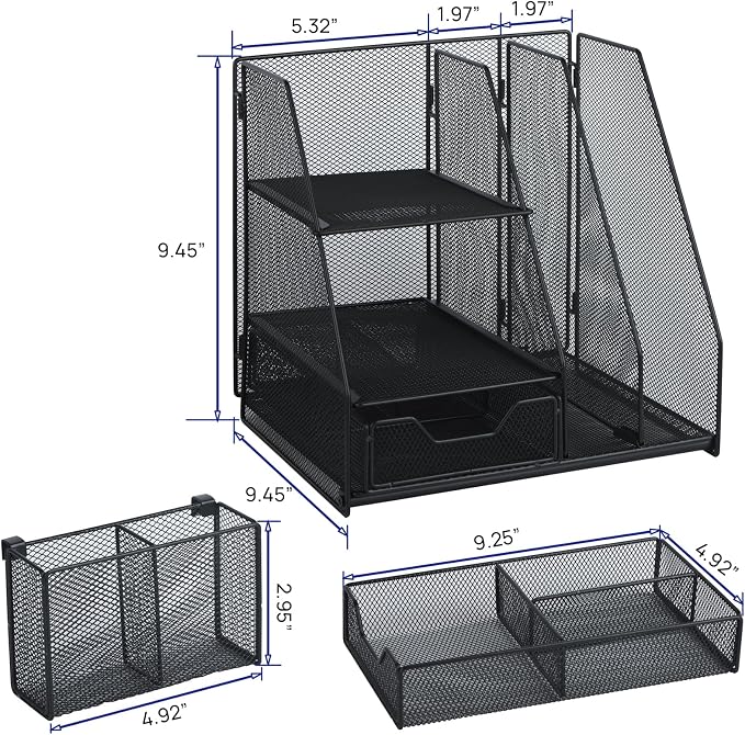Topwey Desk Organizer, File Organizer for Desk with 2-Tier Paper Letter Tray, Drawer and 2 Pen Holder, Mesh Desktop Organization with Magazine Holder for Office Supplies - Image 6