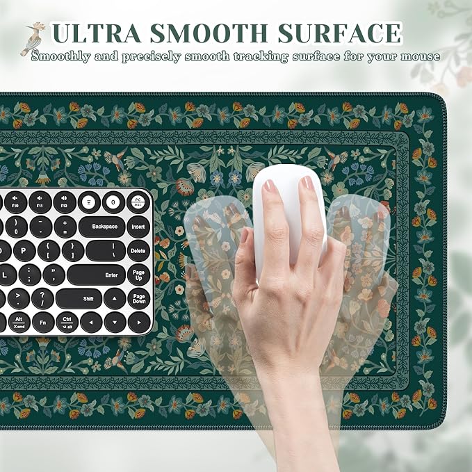 iCasso Aesthetic Floral Desk Mat,Retro Mouse Pads,31.5x11.8in,Deep Green | Anti-Slip Mousepad with Stitched Edges, Waterproof Computer Pad, Desk Accessories Office Decor for Women - Image 3
