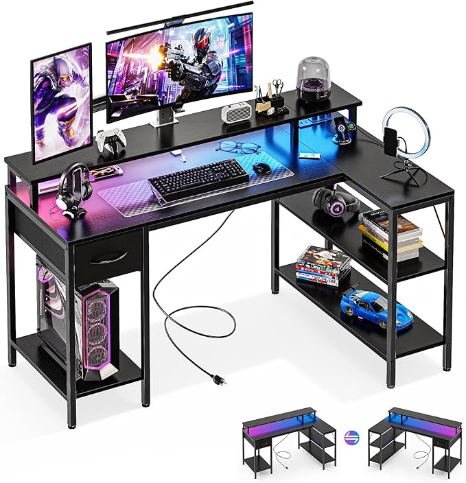 DUMOS 53 Inch Gaming Desk, L Shaped Desk, LED Lights | Monitor Stand, Storage Shelves, Computer Table, USB Charging Ports, Power Outlets, Small Spaces, Black by DumosLifestyle