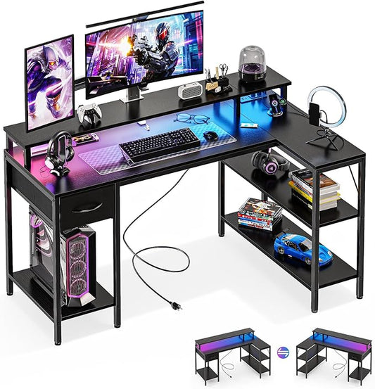 DUMOS 53 Inch Gaming Desk, L Shaped Desk, LED Lights | Monitor Stand, Storage Shelves, Computer Table, USB Charging Ports, Power Outlets, Small Spaces, Black by DumosLifestyle