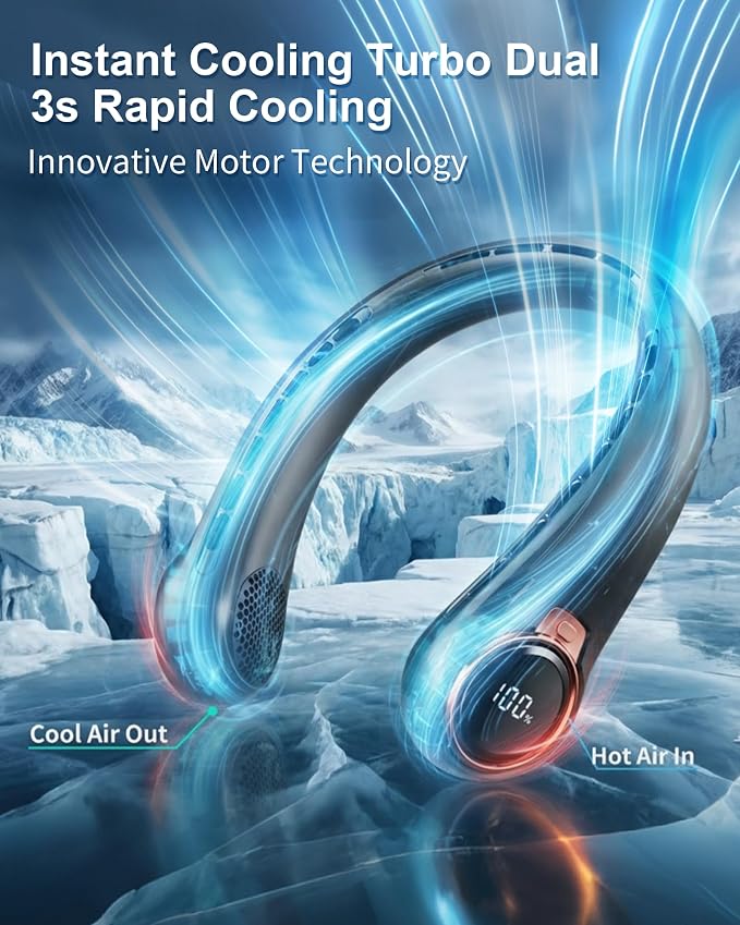 BNBZ Portable Neck Fan, 6000mAh Rechargeable Fan Blows Cold Air with LED Display, 4 Speeds, 20H Runtime, Quiet Wearable 360° Personal Cooling Fan for Outdoor Travel Work Gym,External Cooling Fan - Image 2