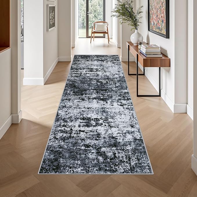 Washable Area Rug 3x10 Entryway Rug: Washable Modern Abstract Soft Thin Rug Indoor Floor No Slip Stain Resistant Carpet for Bedroom Dining Room Farmhouse Nursery Home Office - Black - Image 4
