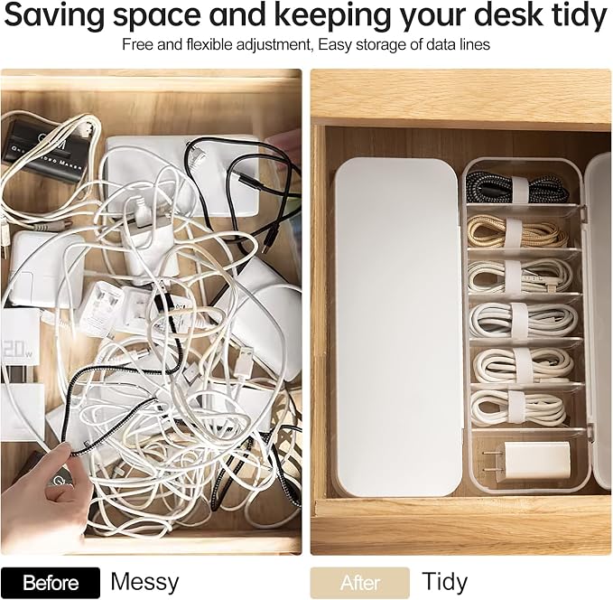 PAVSTINE Cable Organizer Storage Box with 7 Wire Ties,Desktop Cable Management Box with Lid,Power Cord Organizer with 7 Compartments for Office,Home,Desk Accessories Storage Stationery Supplies White - Image 3