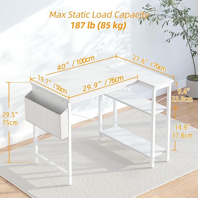 TIQLAB Small Computer Desk with Power Outlets, 40 Inch L Shaped Desk with Reversible Shelves, Gaming Desk Corner Desk Study Writing Desk for Home Office Bedroom Small Space, White - Image 3