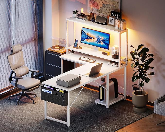 AODK L Shaped Desk Gaming Desk with LED Light & Power Outlet | 53 Inch White Reversible L Shaped Computer Table with Shelf, Corner Desk with Storage Bag&Hook for Home Office Desk - Image 7
