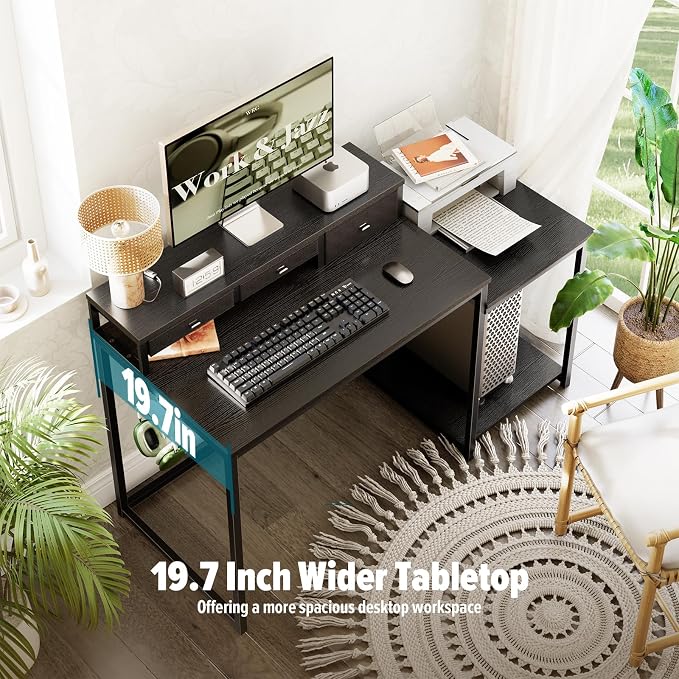 SINPAID 47 inch Computer Desk with Printer Shelf, Gaming Desk with Monitor Stand and Drawers, Reversible Home Office Desk with Storage Shelves and 2 Hooks, Home Workstation for Study Writing, Black - Image 3