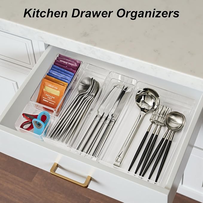 SMARTAKE 25 PCS Drawer Organizer, 4-Size Desk Drawer Organizer Trays | Storage Tray with Non-Slip Silicone Pads for Makeup, Jewelries, Utensils in Bedroom Dresser, Office and Kitchen (Clear) - Image 8
