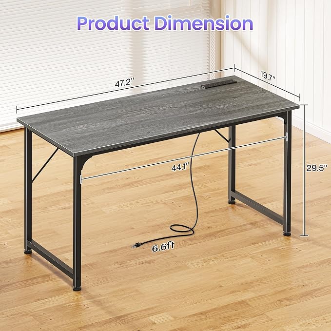 PRAISUN 47 X 20 Inch Computer Desk, Power Outlets, USB-C, Grey | Office Desk with 4 AC Outlets, USB & USB-C, Sturdy Metal Frame, Spacious Desktop for Work, Writing, Study & Gaming - Image 3