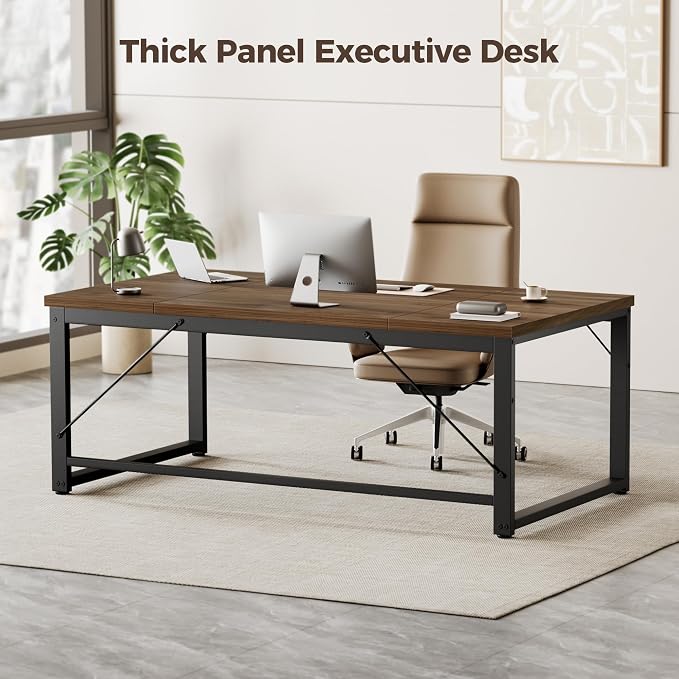 Mericonia 63 Inch Computer Desk, 1" Thick Large Office Table, Walnut | Modern Simple Style, Heavy Duty Industrial Frame, Large Study & Writing Table for Home Bedroom Work - Image 7