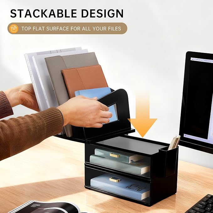 CiWiVOKi Desk Organizer with 4 File Slots and 2 Drawers, Black | File organizer with dual pen holders and storage compartments for mail, documents and office supplies - Image 5