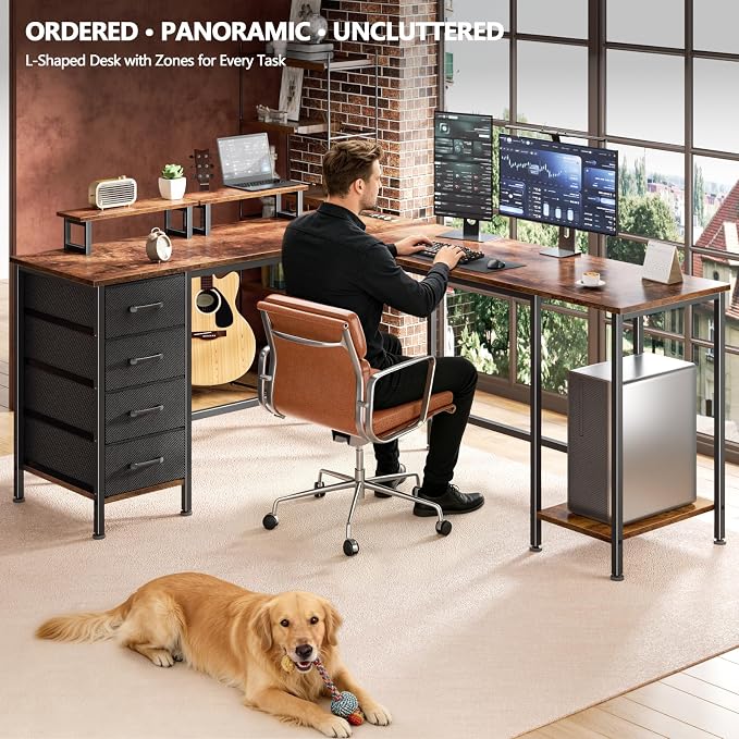 Korfile 66 inch L Shaped Computer Desk with Power Outlets, Rustic Brown | Ideal for Home Office, Bedroom, Corner, 4 Adjustable Storage Drawers, 2 Monitor Stands, Reversible, Two Person Gaming Table - Image 7