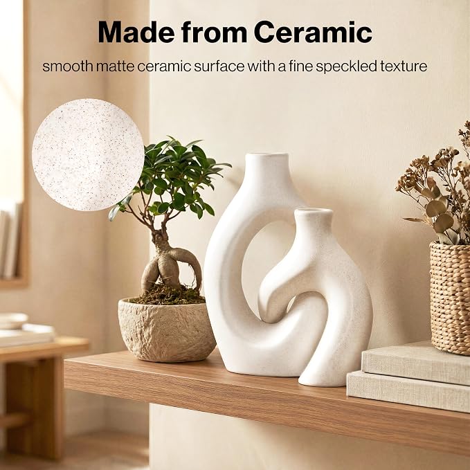 White Ceramic Vase Set of 2, Hollow Oval Flower Vases for Decor, Handmade Nordic Minimalist Ceramic Vase for Pampas Grass, Living Room, Farmhouse & Boho Home Decor, Housewarming Gifts - Image 7