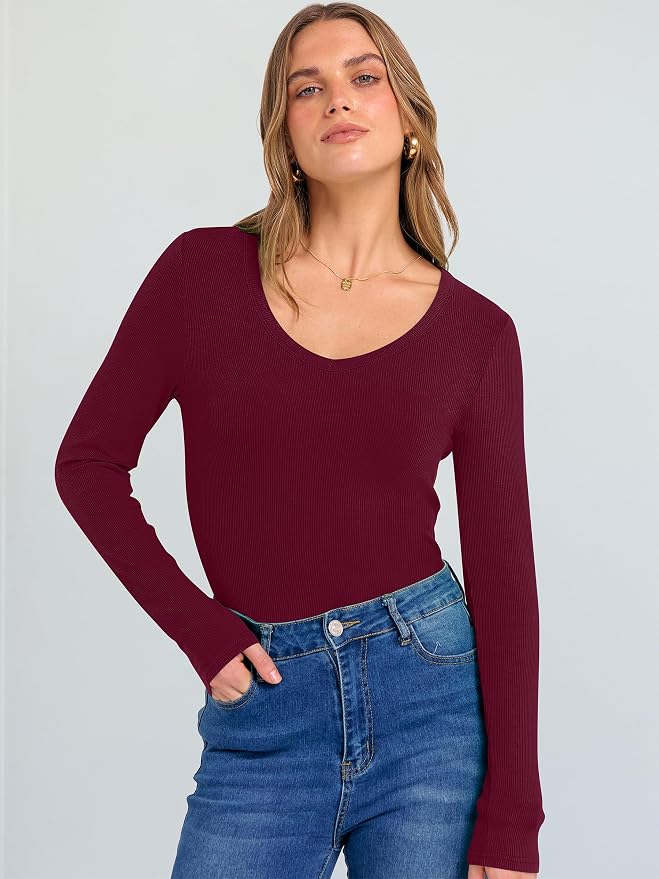 ANRABESS Long Sleeve V Neck Shirts for Women | Soft Comfy Ribbed Knit Fitted Tshirts, Casual Going Out Tops, 2026 Trendy Basic, Fall Winter Underscrub Layering Clothes - Image 2