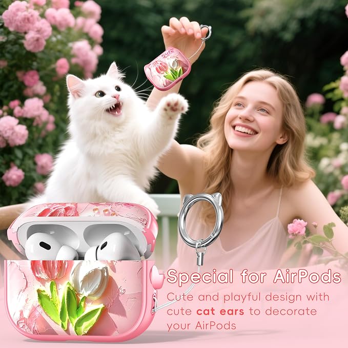 for AirPods Pro 2 Case with Cleaning Kit, Cute Cat Ear Print Design & Cute Buckle for Girls, Phone Holder & Top Safe Lock Buckle Design for AirPods Pro 2nd/1st Gen case, Tulip - Image 3