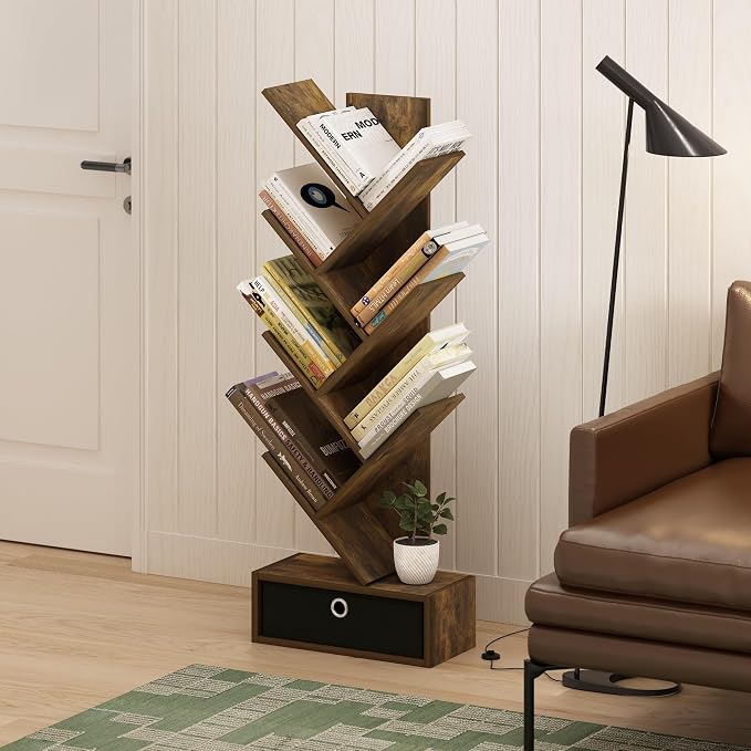 Furinno Tree Book Shelf, 7-Tier Bookshelf, Tree Bookcase with Bin Drawer, 8.4 x 16.9 x 46.2, for Living Room, Bedroom, Home Office, Amber Pine/Black - Image 2