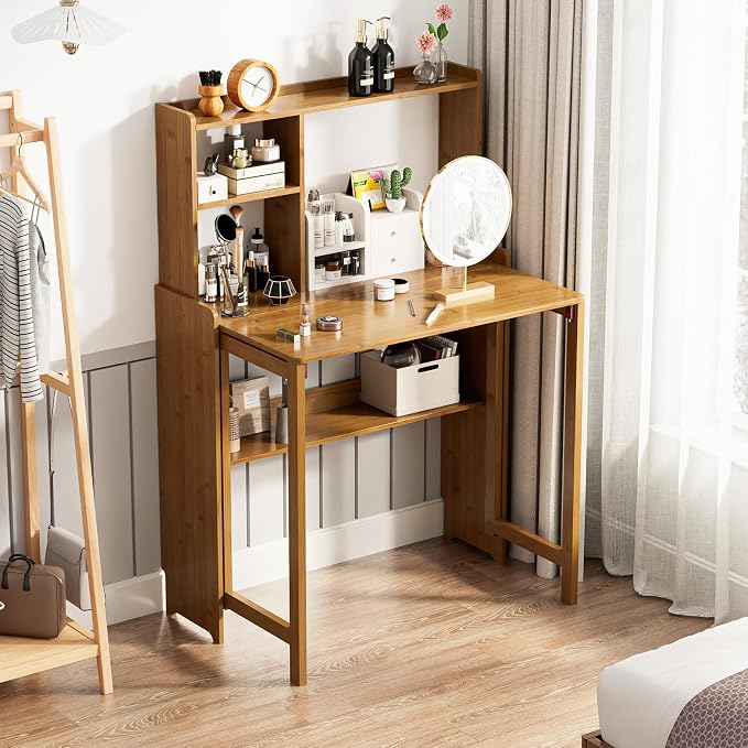 Folding Desk with Bookshelf, Compact Foldable Desk for Small Spaces,Brown | Bamboo Computer Desk with Storage Shelf, Space-Saving Home Office Desk with Hutch for Bedroom, Dorm, Apartment - Image 7