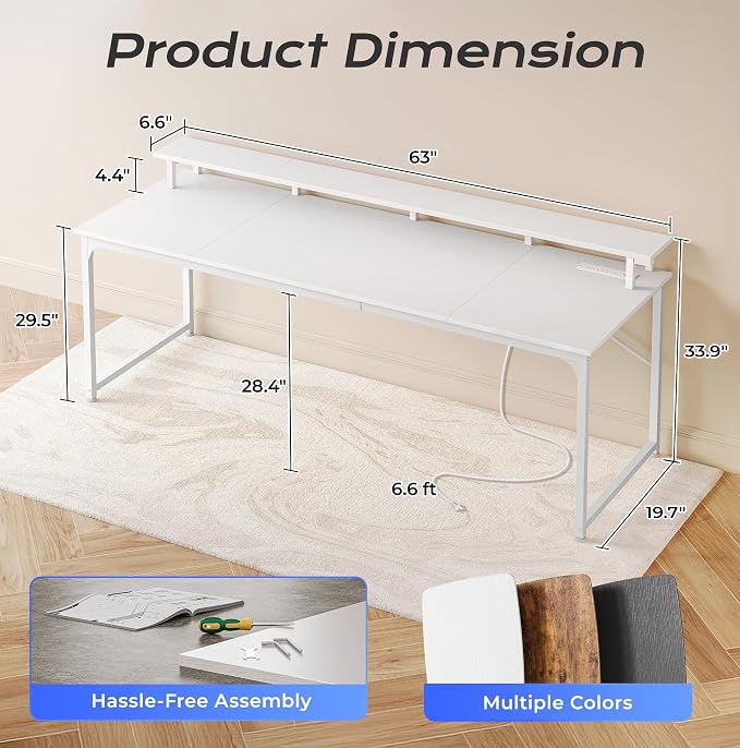PRAISUN 63 inch Gaming Desk, LED & Power Outlets, Monitor Stand, White | Sturdy PC Desk for Home Office, Study & Work, LED Lights, 4 AC Outlets & USB-C Charging Station - Image 3