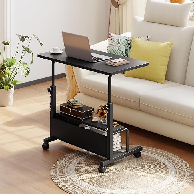 DUMOS Rolling Desk, Storage Shelves, Laptop Table, Home Office | Height Adjustable Design, Computer Desks on Wheels, Portable for Small Spaces Use, Black - Image 2