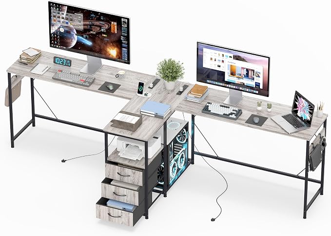 YOSHOOT 2 Person Computer Desk, 87" Long Gaming Desk for 2 People | Double Desk with 3 Fabric Drawers and 2 Power Outlets, Home Office Table for Adults and Teenagers, Grey by YOSHOOT